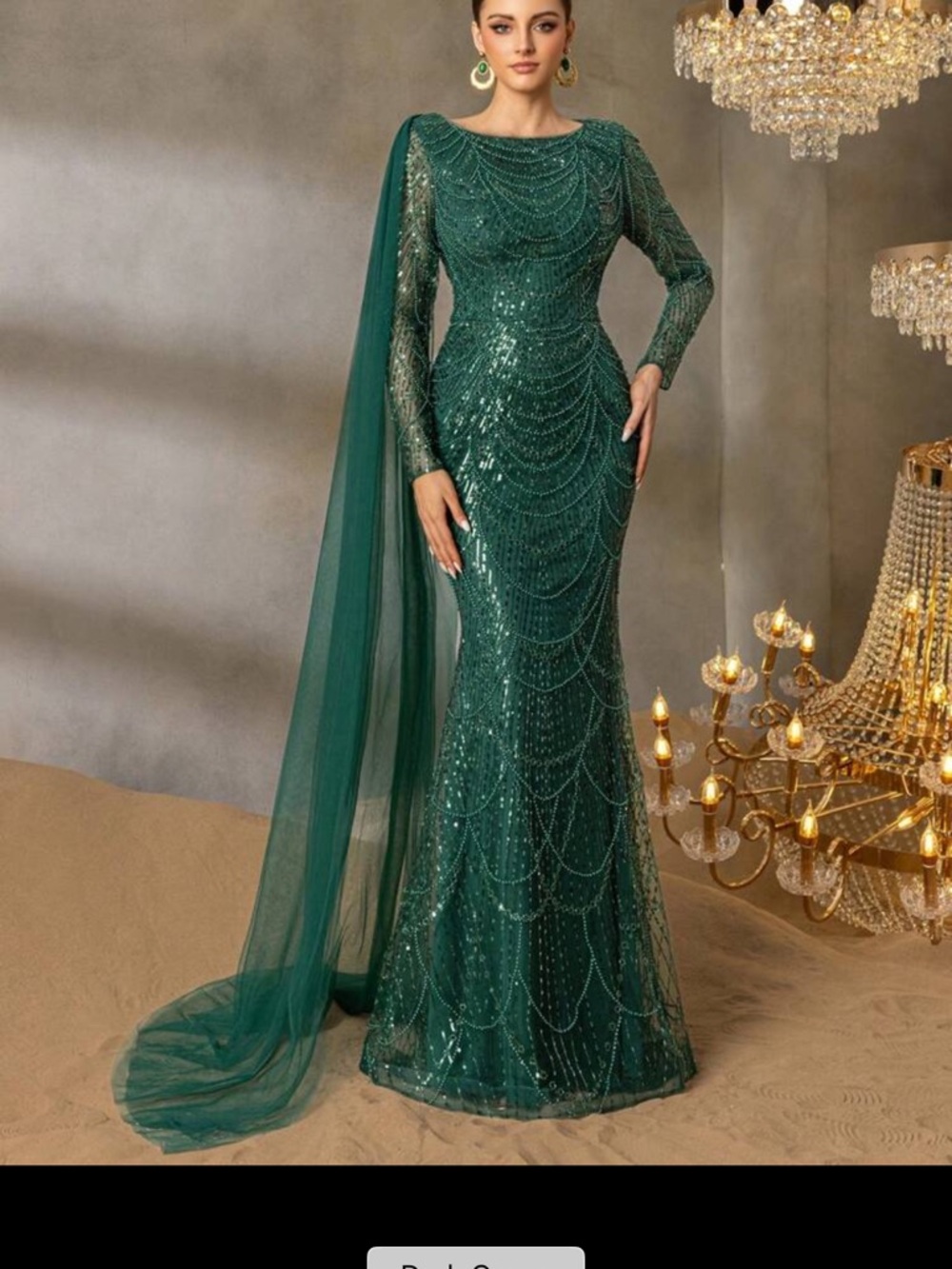 Elegant Emerald Sequin Evening Gown with Draped Cape